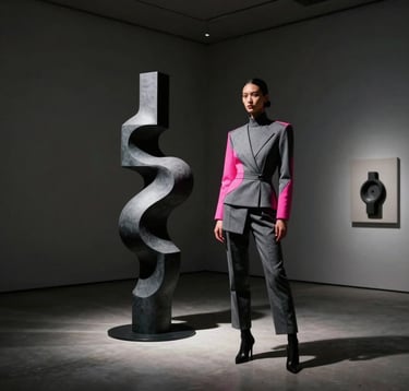 An avant-garde fashion exhibition inside a minimalist art gallery in a Global Art & Fashion Hub / Metropolitan. A sleek model wearing structured gray attire with neon pink accents stands beside a modern abstract sculpture. Dramatic, high-contrast spotlighting, dark cinematic atmosphere.