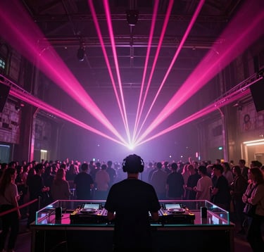 A prestigious, high-end electronic music event in a dark, cavernous metropolitan warehouse converted into an art space. Vibrant neon pink laser beams pierce through light haze. A silhouette of a DJ at a modern glass console with an audience mesmerized. Cinematic, exclusive, global art hub.