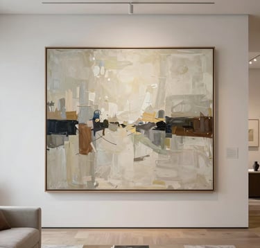 An elegant, minimalist North American interior with museum-style lighting. A large abstract realism painting by Dena Harris hangs prominently in a curated living space featuring soft white and muted earth tones.