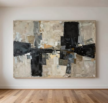 A large-scale abstract painting featuring bold charcoal shapes and subtle muted earth tone washes, hanging in a bright, airy North American / US loft with wide-plank floors.