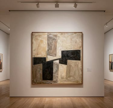 A professional gallery photograph of a solo art exhibition in a high-end North American space. One large abstract painting, featuring muted earth tones and charcoal geometric shapes, is centered on a warm ivory wall. The lighting is precise, museum-quality spotlights, creating a sense of prestige.