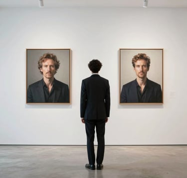 An elegant collector in sophisticated North American attire standing before a minimalist portrait in a bright, modern gallery. The composition is clean and editorial, emphasizing white space and the high-end context of the contemporary art world.