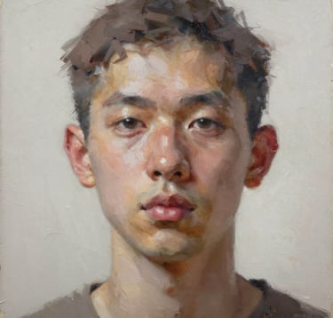 A close-up studio shot of a contemporary portrait painting, highlighting refined brushwork and textures in a palette of taupe and soft white, North American / US fine art aesthetic.