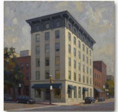 A sophisticated oil painting by Dena Harris depicting a North American / US urban facade at twilight, blending architectural precision with abstract washes of charcoal and warm ivory.