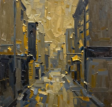 High-resolution macro detail of an abstract realism oil painting. The composition shows thick impasto textures in muted gold and deep charcoal, reflecting urban textures and architectural lines.