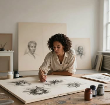 An elegant studio scene in a North American / US loft, featuring Dena Harris working on a large canvas, surrounded by charcoal sketches and jars of muted paint, warm ivory lighting, minimalist atmosphere.