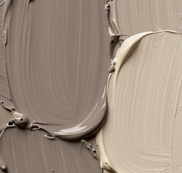 Macro photography of wet oil paint textures on a canvas, showing palette knife strokes in shades of taupe, charcoal, and warm ivory, elegant and editorial style.