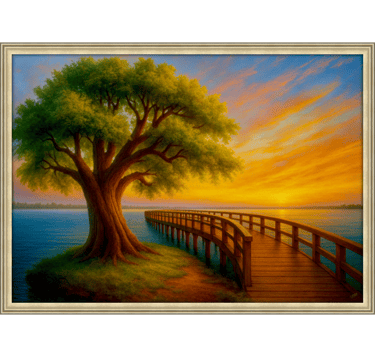 a painting of an old tree and jetty in a sunset canvas print also available in float frames