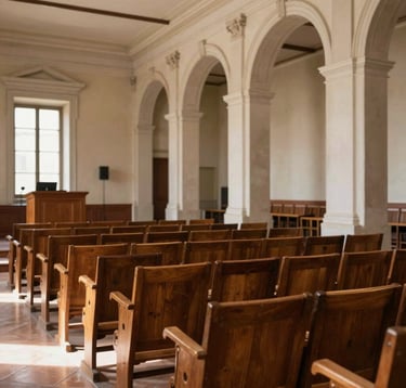 A medium shot of a refined lecture hall inside a historic Italian villa. Rows of warm brown wooden chairs face a podium. The atmosphere is academic and timeless, with soft morning light filtering through high arches.