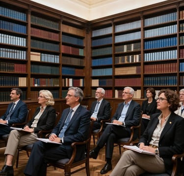 A group of adults in a refined, high-ceilinged library room with dark wood bookshelves and silver mist blue accents, listening to a lecture in a sophisticated Southern European setting.
