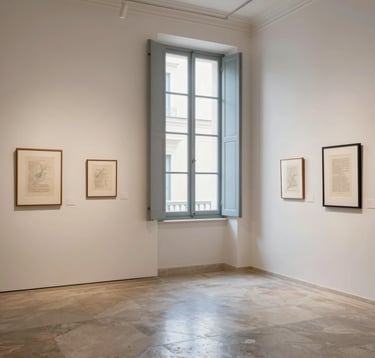 An interior shot of a sophisticated gallery space. Off-white walls are adorned with framed literary sketches. A tall window with light blue-grey shutters allows natural light to highlight the polished stone floor. Southern European / Italian style.