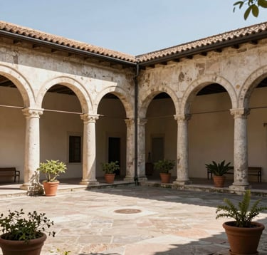 A sun-drenched courtyard of a traditional Italian palazzo with weathered stone arches, terracotta pots, and a serene, scholarly atmosphere, captured in natural daylight.