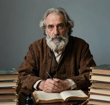 A portrait of a scholar in a classic Southern European study, surrounded by stacks of old manuscripts and ink pens. The style is that of fine art photography with high contrast, using warm brown and misty blue tones to create a timeless mood.