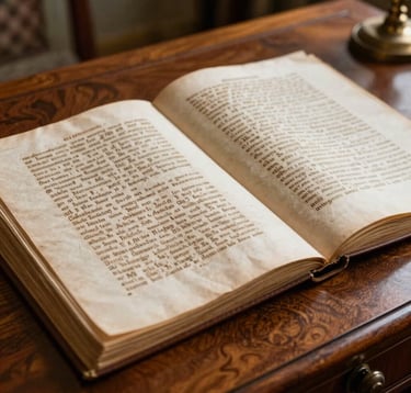 Close-up photography of aged 19th-century Italian manuscripts spread across a warm brown mahogany desk. A single light source creates soft shadows. The setting is a quiet, scholarly room in a Southern European estate.