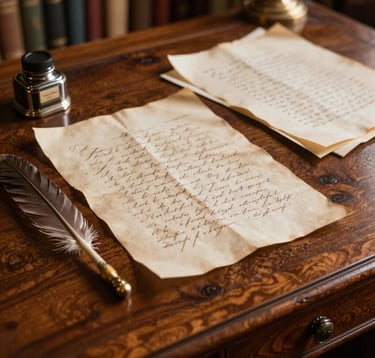 A detailed close-up shot of a vintage mahogany desk in a historic Italian study. On the desk lies an antique quill, a silver inkwell, and several sheets of yellowed parchment with elegant cursive handwriting, lit by warm, focused library light.