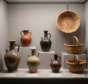 A professional museum display of 19th-century daily objects from a Southern European village, including handcrafted ceramic oil jars and traditional woven baskets, arranged artistically under soft museum lighting against a light grey wall.