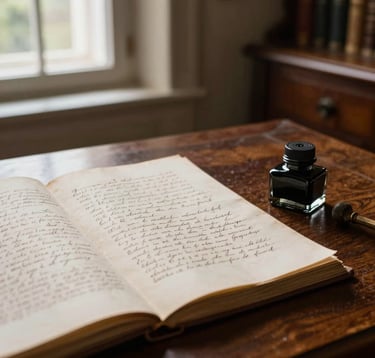 Close-up photography of a vintage handwritten manuscript and an antique inkwell on a dark walnut desk inside a historic Italian study, illuminated by soft window light.