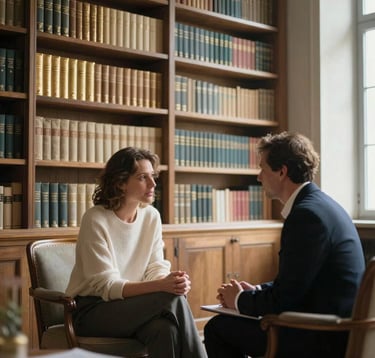 A serene, sun-drenched private library in an 18th-century Italian palazzo. In the foreground, a European / International High-Net-Worth individual is engaged in a quiet conversation with a professional tutor. Soft afternoon light, champagne gold accents on book bindings, minimalist composition, quiet luxury mood.