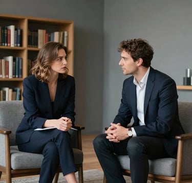 A private, candid shot of two people in a deep navy and slate grey library, engaged in a cultural coaching session. Sophisticated attire, minimalist decor, and warm ambient lighting. European / International High-Net-Worth atmosphere.