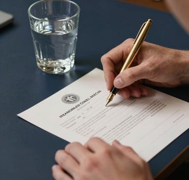 A close-up of professional hands signing premium bond paper on a dark navy desk. A gold fountain pen and a crystal glass of water sit nearby. The lighting is focused and authoritative. European / International High-Net-Worth professional environment.