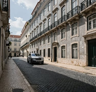 Wide-angle architectural shot of a cobblestone street in a prestigious Lisbon neighborhood. Elegant stone facades with iron balconies, a silver luxury vehicle parked discreetly. Natural daylight, deep navy shadows, slate grey textures, high-end European / International High-Net-Worth setting.