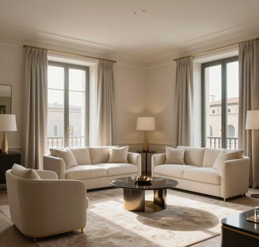 Interior of a sophisticated five-star hotel suite in Rome. High ceilings, minimalist champagne furniture, and large windows with soft morning light. The composition is clean and airy, embodying quiet luxury for a European / International High-Net-Worth guest.
