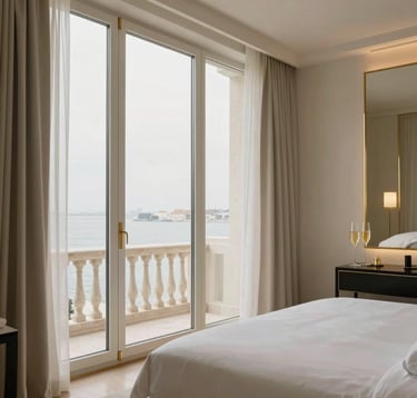 Interior of a five-star luxury hotel suite in Lisbon, featuring floor-to-ceiling windows, champagne gold accents, and minimalist design. The lighting is soft and natural, emphasizing a sense of calm and effortless comfort for European / International High-Net-Worth clients.