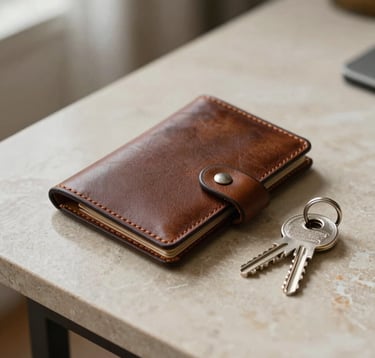 A close-up photograph of a bespoke leather-bound folder and a set of silver keys on a minimalist limestone table. Soft, natural morning light creates a sense of calm and exclusivity. Professional and understated European High-Net-Worth environment.