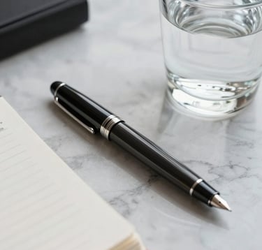 A close-up shot of a fountain pen resting on premium stationery next to a glass of water on a marble desk. Soft, professional lighting highlights a clean, minimalist workspace suitable for elite legal and tax consultation.