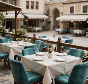 A vibrant and inviting traditional restaurant terrace in a Middle Eastern / Turkish setting, overlooking a historic square, featuring cool off-white tablecloths and muted teal decor, photography style.
