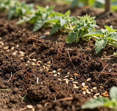 Close-up photography of traditional South Asian organic soil preparations with dark nutrient-rich earth, native seeds, and green medicinal herbs in a sun-dappled farm setting.