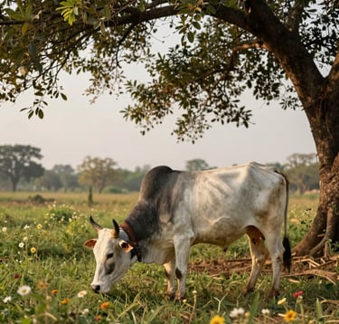 A peaceful South Asian / Indian rural scene with a healthy Desi cow grazing in a field of green grass and wildflowers under the shade of a large banyan tree, warm afternoon light, earthy tones.
