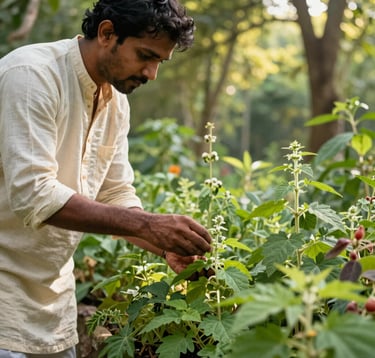 A South Asian man in traditional organic cotton attire carefully tending to a variety of medicinal herbs in a sunlit forest garden. The composition is close-up, focusing on his hands and the vibrant medium green leaves. Soft, warm sunlight filters through the canopy above.