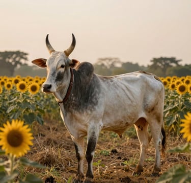 A portrait of a healthy Gir cow standing in a blooming agroforestry field, with sunflowers and diverse crops in the background, South Asian / Indian farm setting, warm golden hour lighting, cinematic photography.