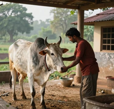 A tranquil South Asian / Indian setting where a person is engaged in Gau Seva, gently interacting with a beautiful, healthy cow in a clean, traditional open-air shelter surrounded by greenery and soft morning light.