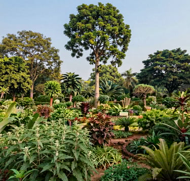 A wide photography shot of a thriving multi-layered food forest in India. Tall fruit-bearing trees rise above medicinal shrubs and ground cover. The lighting is bright and clear, showcasing the vibrant health of a regenerative ecosystem under the midday sun.