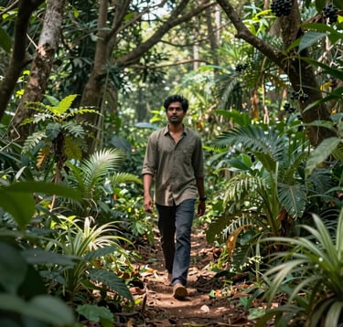 A South Asian / Indian person walking mindfully through a lush regenerative food forest. The composition is a medium shot showing layers of diverse plants, fruit trees, and sun-dappled soil. The style is elegant and natural, emphasizing a deep connection to the Earth.