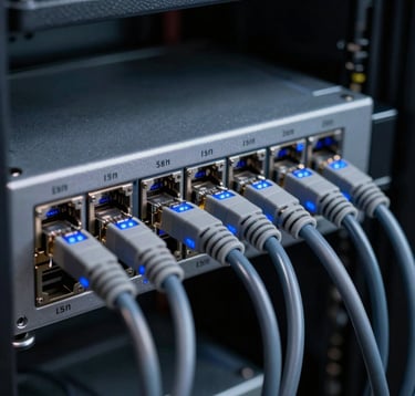 Macro photography of a professional networking switch in a dark server room, Ethernet cables with blue blinking lights, high-tech atmosphere, metallic gray textures, depth of field.