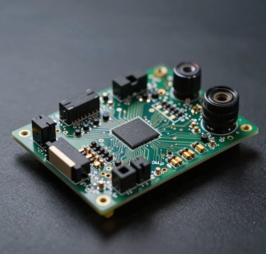 Close-up shot of professional networking hardware components, clean circuit boards and gold connectors, set against a dark gray background with cool blue professional studio lighting.