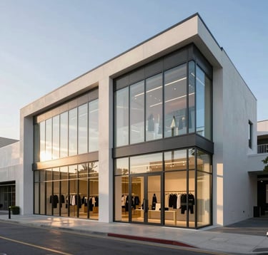 A wide-angle architectural photograph of a contemporary retail space in West Hollywood. The building features clean lines and floor-to-ceiling glass, reflecting the light blue of the sky and soft gold sunlight. North American / West Hollywood.