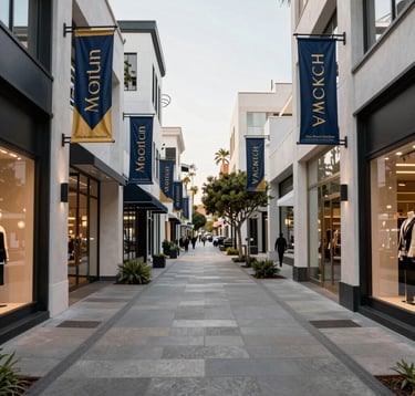 Ground level shot of a modern streetscape in West Hollywood, showing upscale retail shopfronts and manicured sidewalks with gold and navy blue branding elements on banners, North American / West Hollywood.