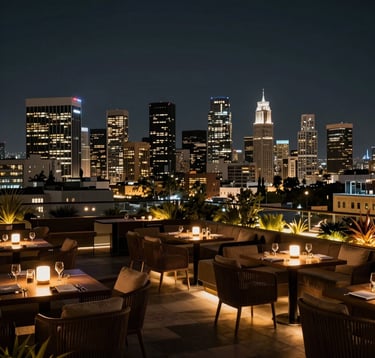 A sophisticated rooftop lounge in West Hollywood, overlooking the city skyline at night with dark navy and golden lighting, upscale decor, atmosphere of high-end hospitality and entertainment, North American / West Hollywood.
