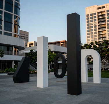 An outdoor contemporary art exhibit in a public West Hollywood park, featuring bold sculptural elements, set against a background of modern urban architecture and soft steel blue sky, North American / West Hollywood.