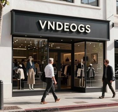 Professional street photography of a trendy West Hollywood storefront with modern signage and stylish pedestrians, North American / West Hollywood, bright daylight, high-end commercial aesthetic.