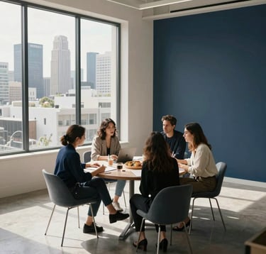 A high-angle lifestyle photograph of a professional collaboration occurring in a modern, sunlit studio. Large windows reveal the West Hollywood skyline. The interior is decorated in sophisticated shades of navy and off-white. North American / West Hollywood.