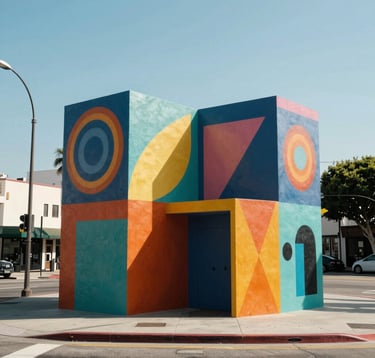 A vibrant public art installation on a sunlit West Hollywood boulevard, North American / West Hollywood, featuring bold colors and modern geometric patterns, clear light blue sky background.