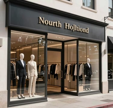 A sophisticated lifestyle shot of a high-end retail street in West Hollywood, featuring clean modern storefronts and professional attire, natural daylight, North American / West Hollywood.