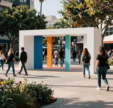 A vibrant outdoor public art installation with clean lines and modern design, people walking by in a stylish urban park, North American / West Hollywood.