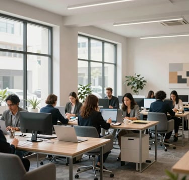Clean, bright interior of a creative coworking space in West Hollywood with large windows, professional people working together, modern furniture in light gray and steel blue tones, sophisticated and energetic, North American / West Hollywood.