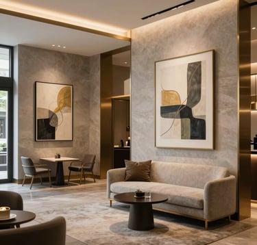 Sleek, modern interior of a West Hollywood boutique hotel lobby, featuring contemporary art and minimalist furniture, North American / West Hollywood, warm ambient lighting with gold accents and light gray stone textures.
